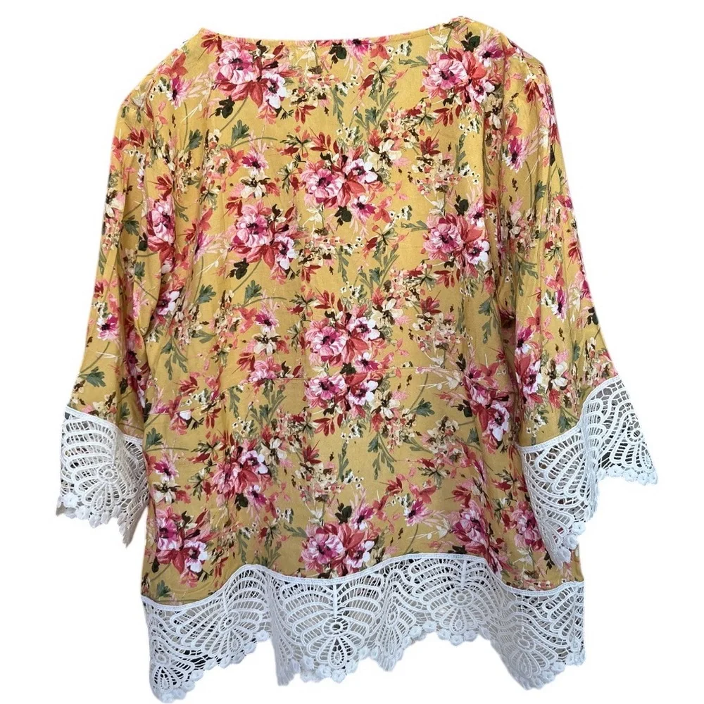 STELLA + GINGER Floral Lace Trim Boho Blouse Size M NWT Mustard Pink Cottagecore - Picture 2 of 6